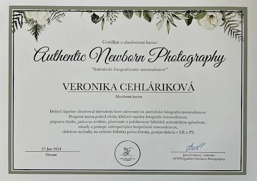 Certifikát novorodeneckej fotografie Veronika Cehláriková