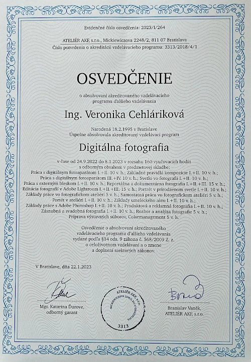 Osvedčenie o fotografovaní Veronika Cehláriková